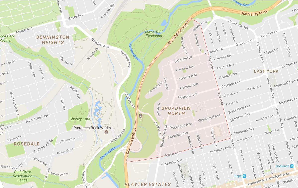 Mappa di Broadview Nord quartiere di Toronto