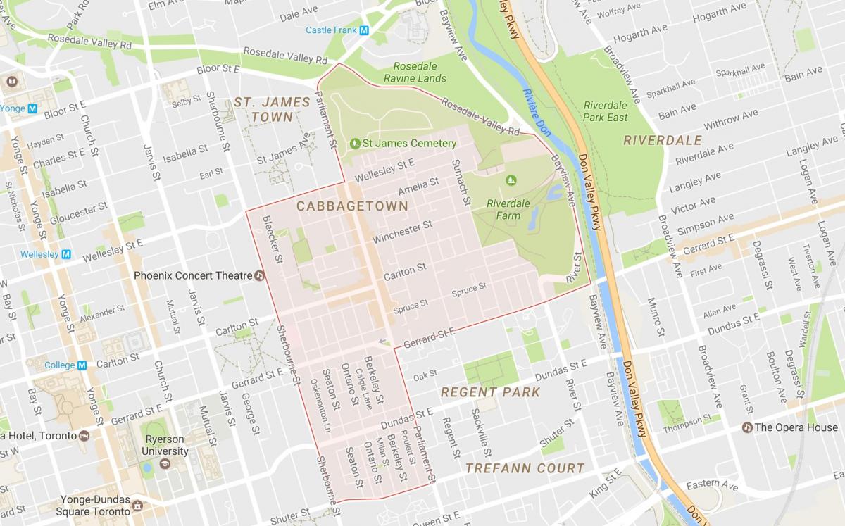Mappa di Cabbagetown quartiere di Toronto