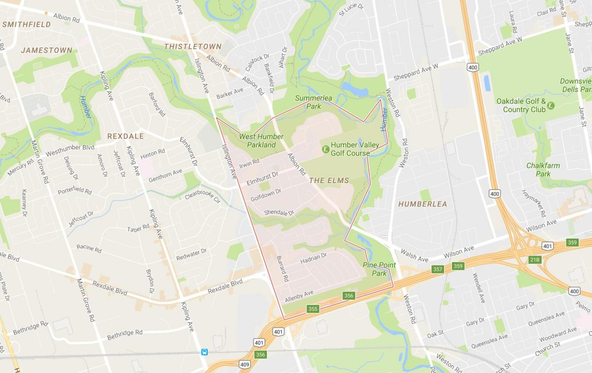 Mappa degli Olmi quartiere di Toronto