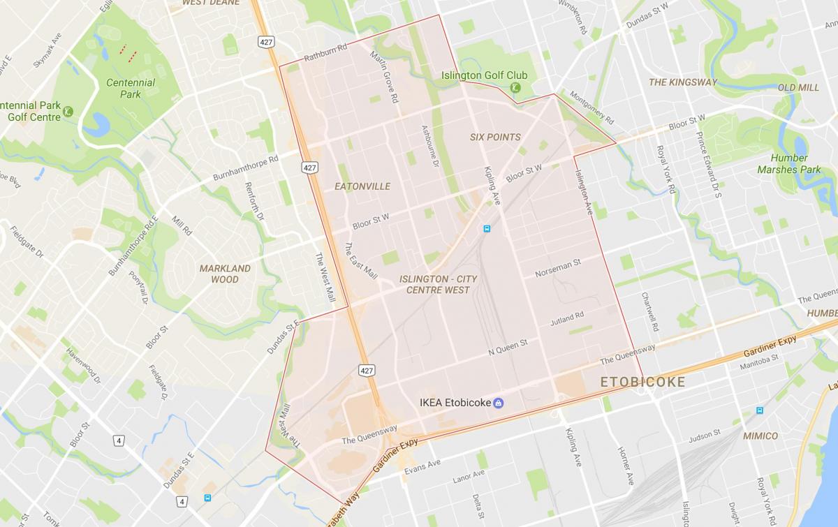 Mappa di Islington-Centro Ovest quartiere di Toronto