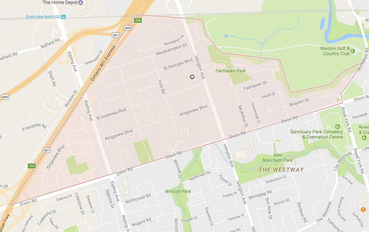 Mappa di Kingsview Villaggio quartiere di Toronto