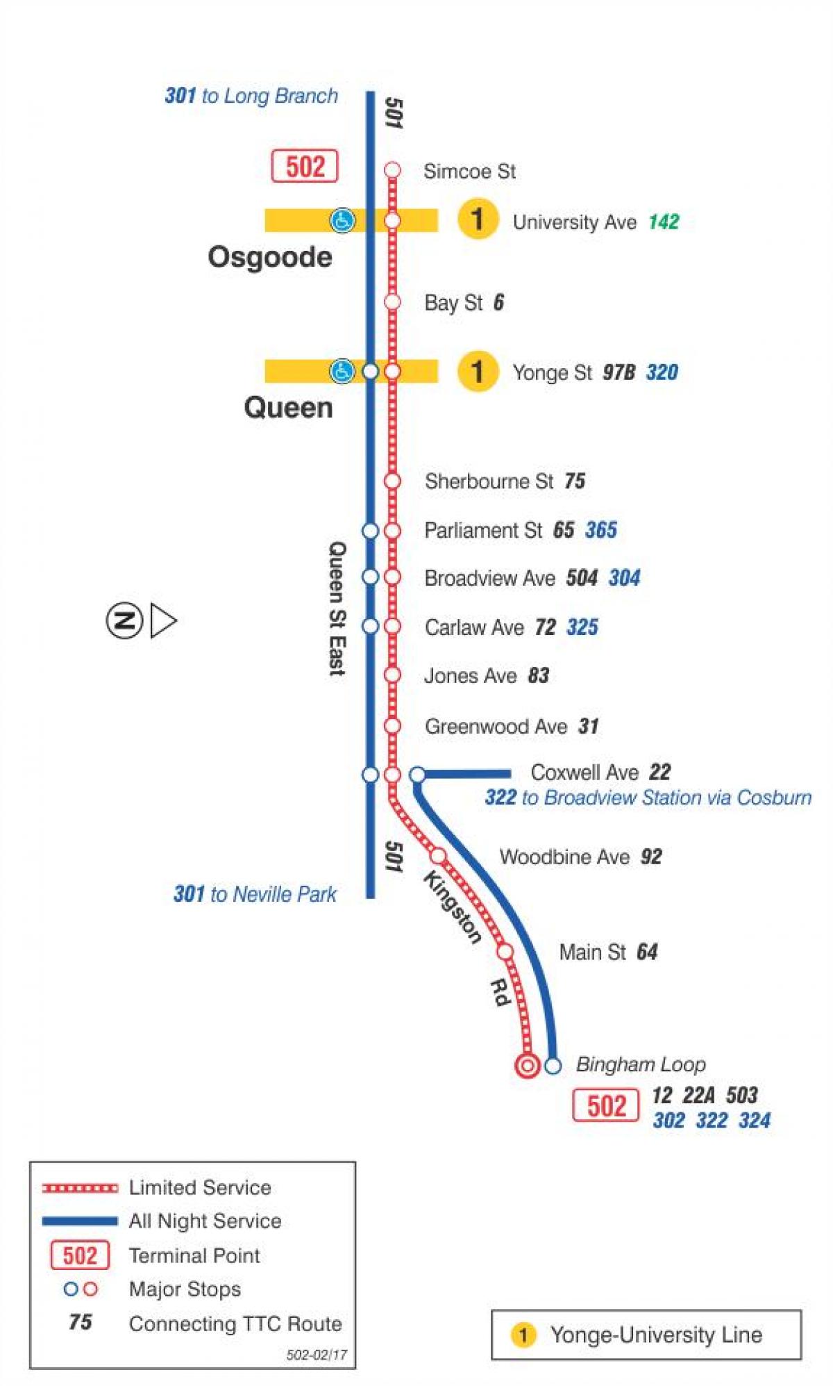 La mappa dei tram linea 502 Downtowner