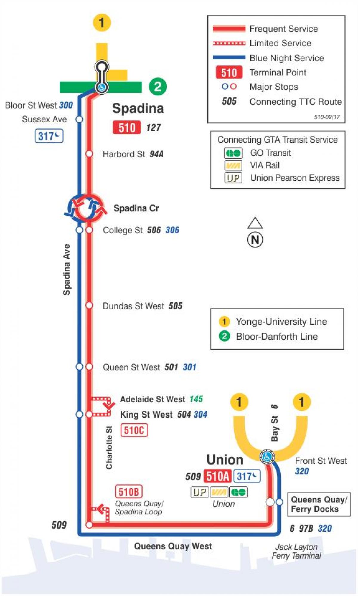 La mappa dei tram linea 510 Spadina
