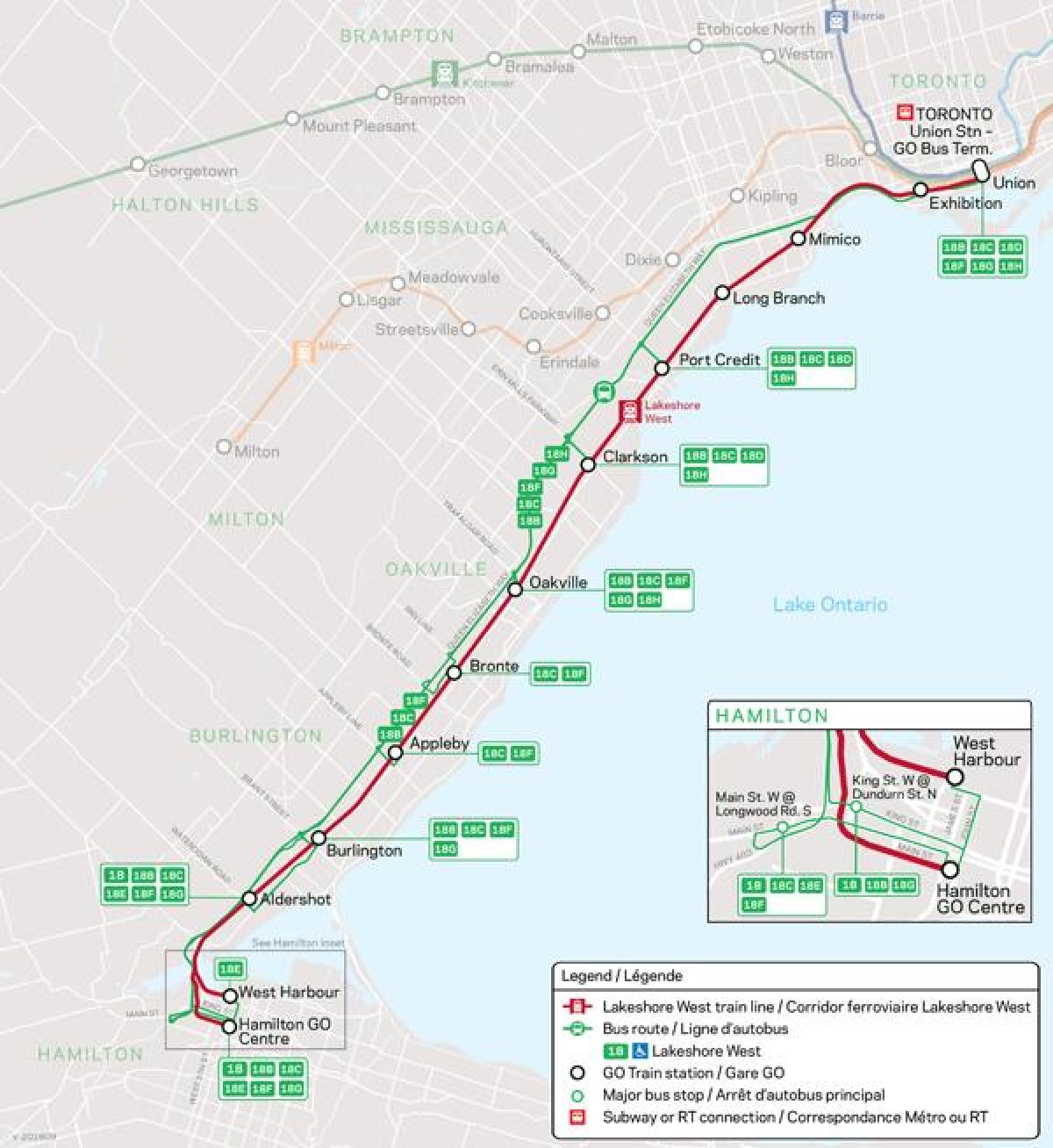 Mappa della linea di Riva Ovest Go Transit