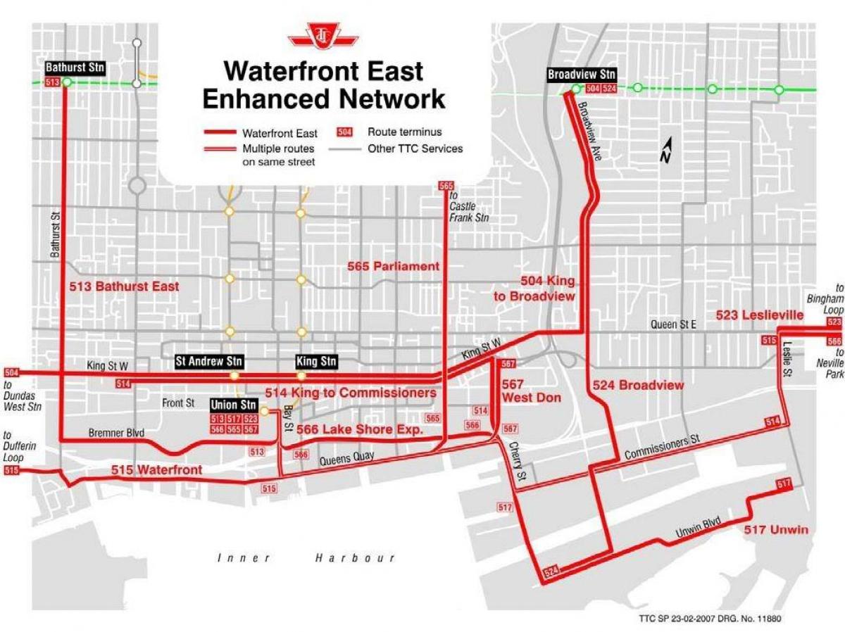Mappa del Lungomare Est di rete avanzata di Toronto