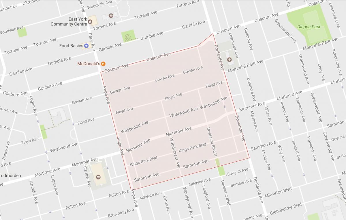 Mappa di Pape Villaggio quartiere di Toronto