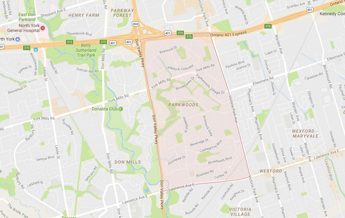 Mappa di Parkwoods quartiere di Toronto