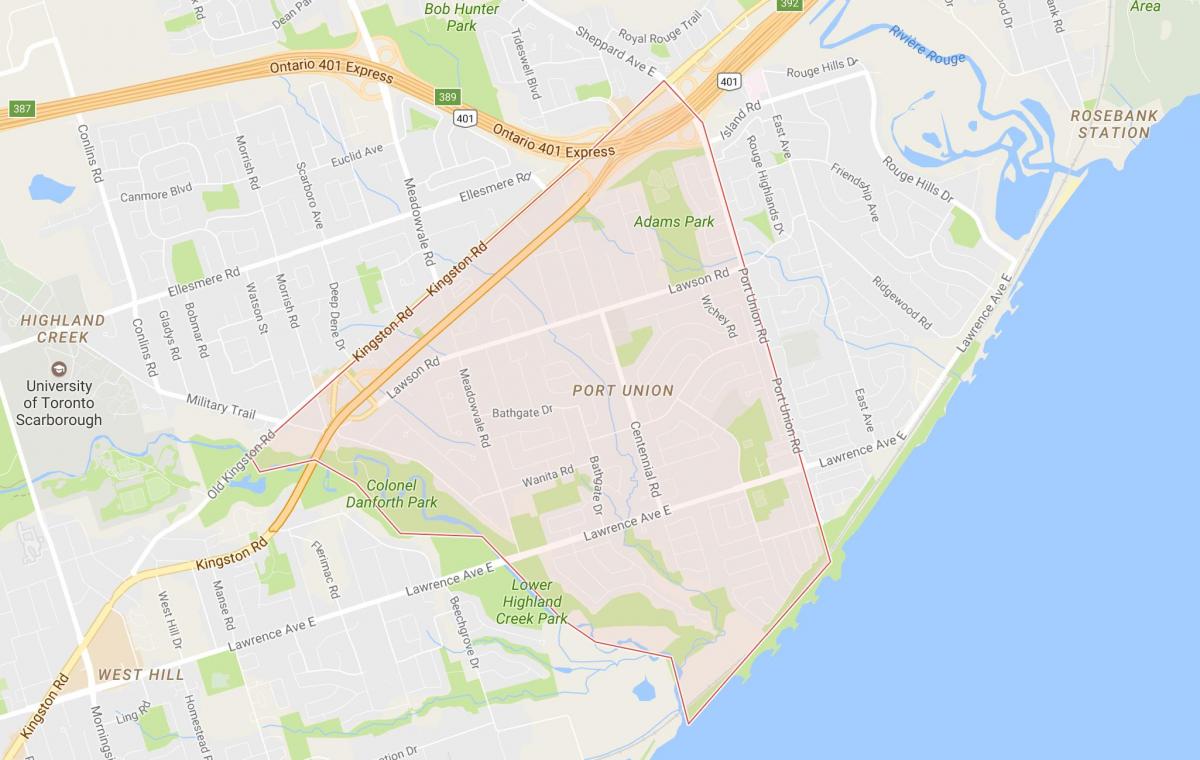 Mappa di Port Unione quartiere di Toronto