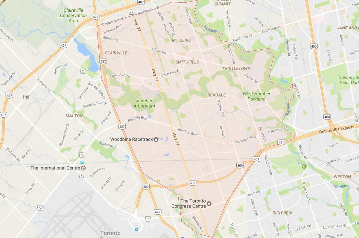 Mappa di Rexdale quartiere di Toronto