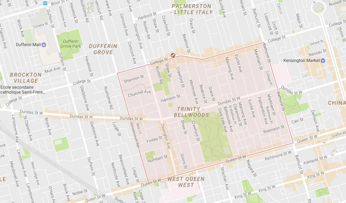 Mappa di Trinity Bellwoods quartiere di Toronto