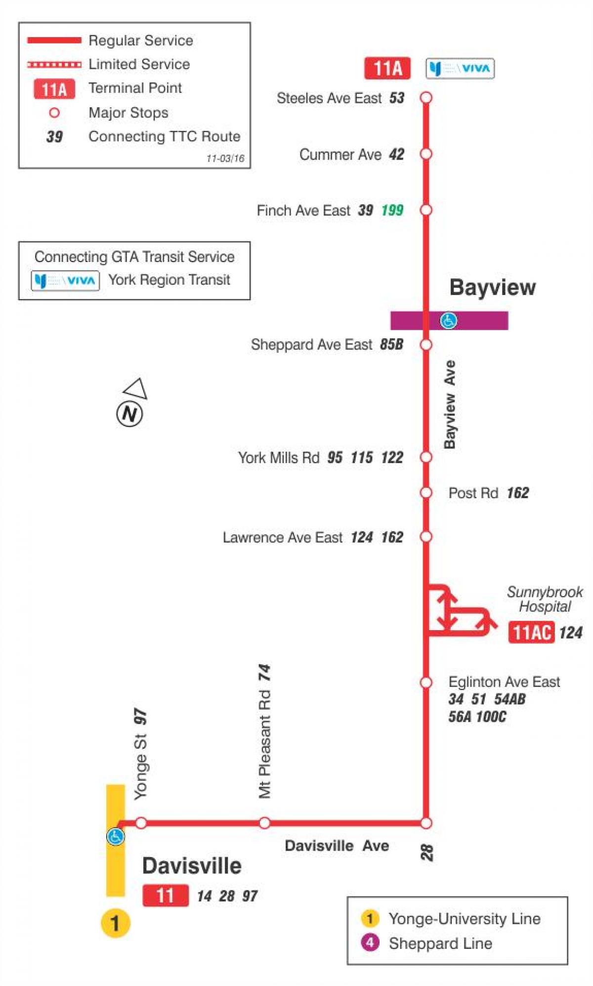Mappa di TTC 11 Bayview autobus Toronto