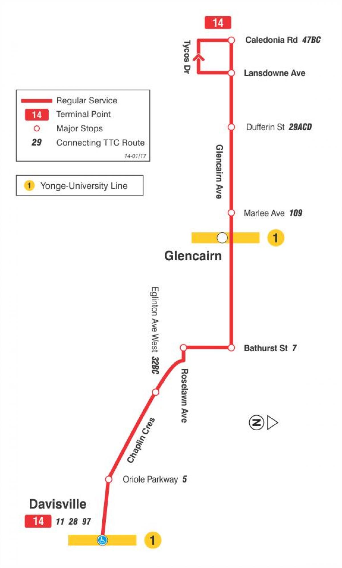 Mappa di TTC 14 Glencairn autobus Toronto