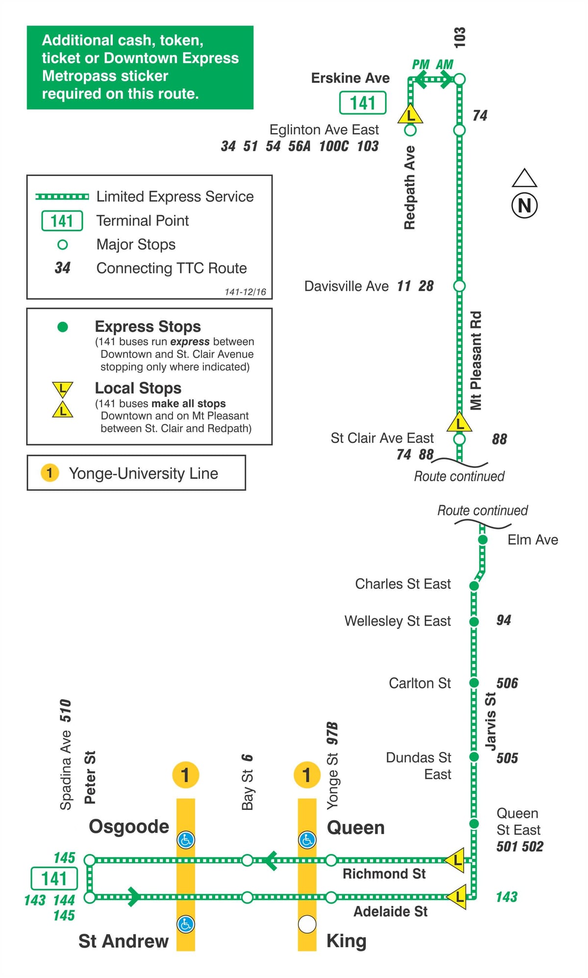 Mappa di TTC 141 Downtown / Mt Pleasant linea di bus Express Toronto