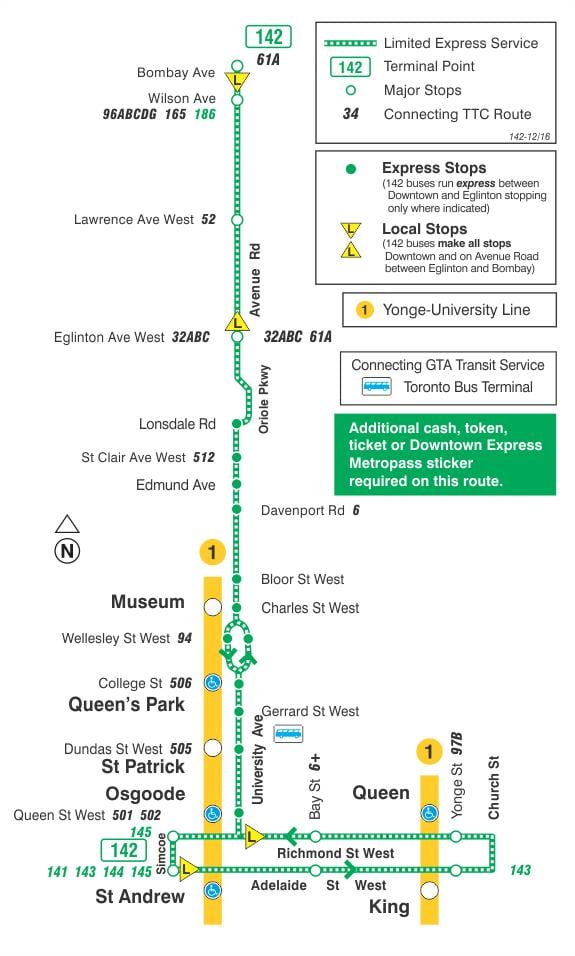 Mappa di TTC 142 Downtown / Avenue Rd linea di bus Express Toronto