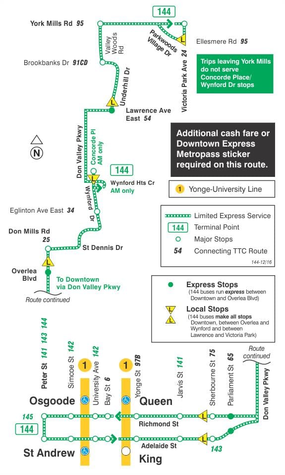 Mappa di TTC 144 Downtown / Don Valley linea di bus Express Toronto