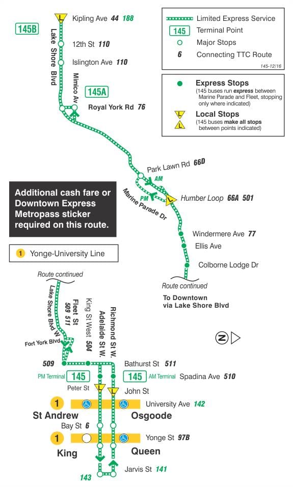 Mappa di TTC 145 Downtown / Humber Bay linea di bus Express Toronto