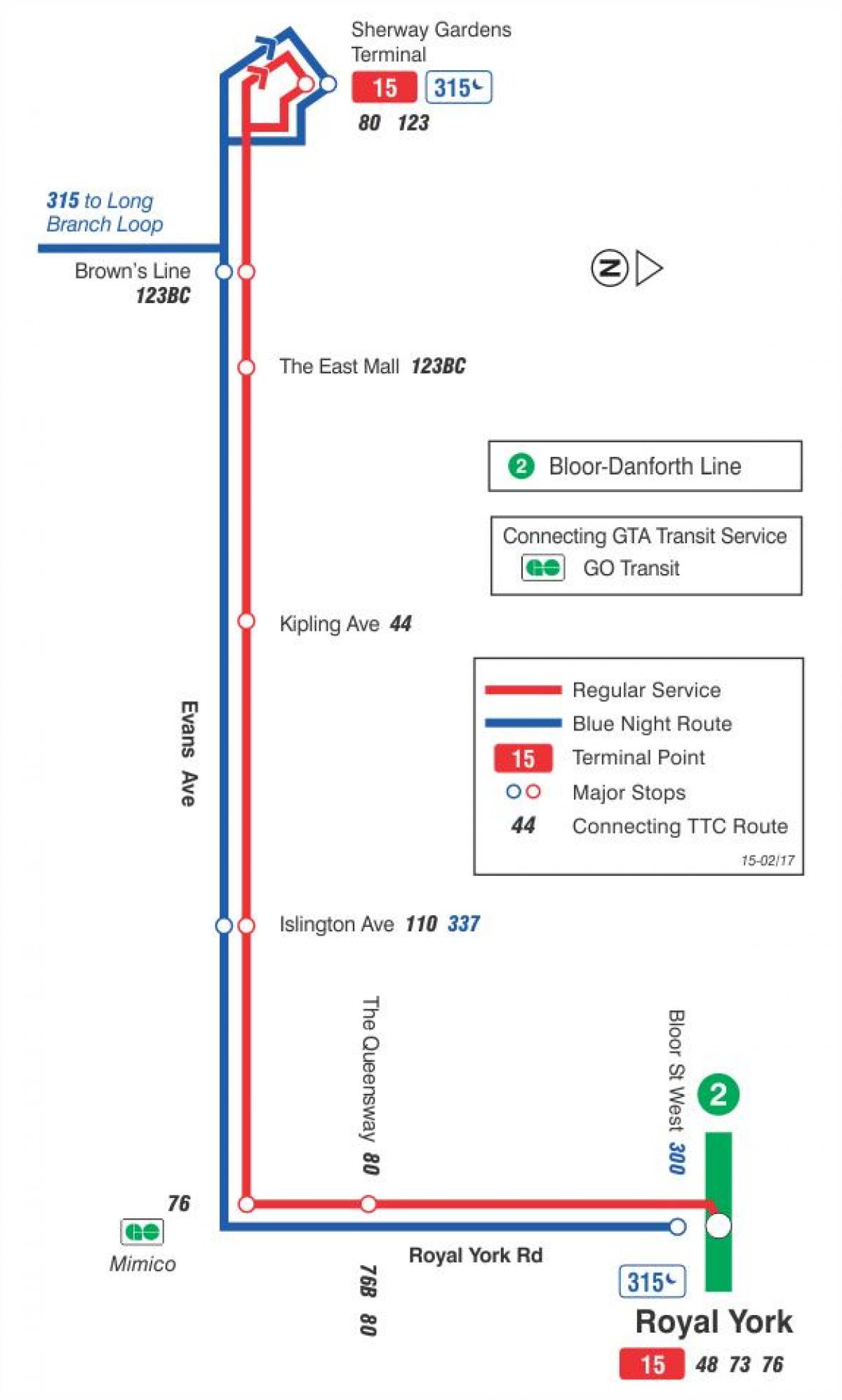 Mappa di TTC 15 Evans autobus Toronto