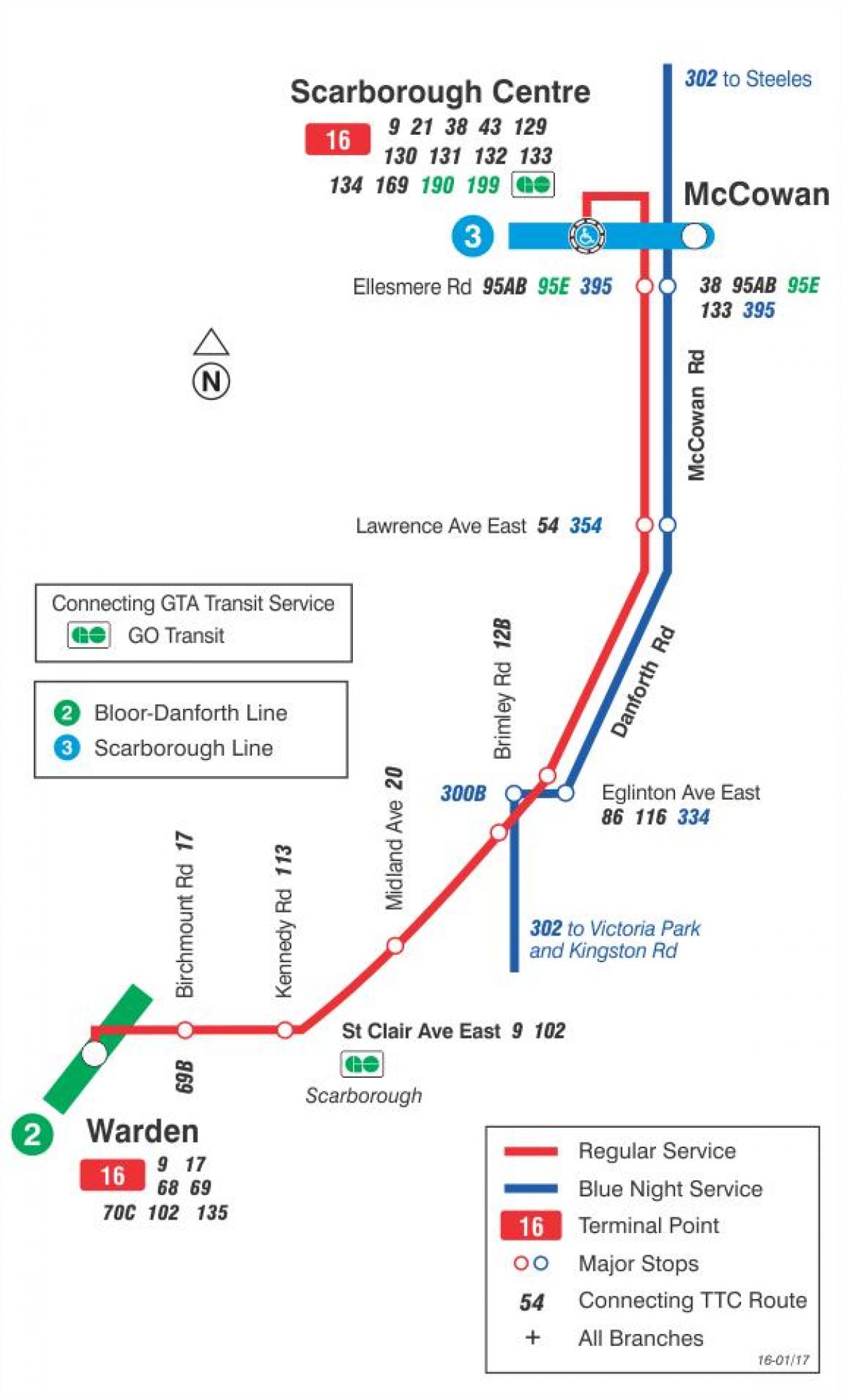 Mappa di TTC 16 McCowan autobus Toronto