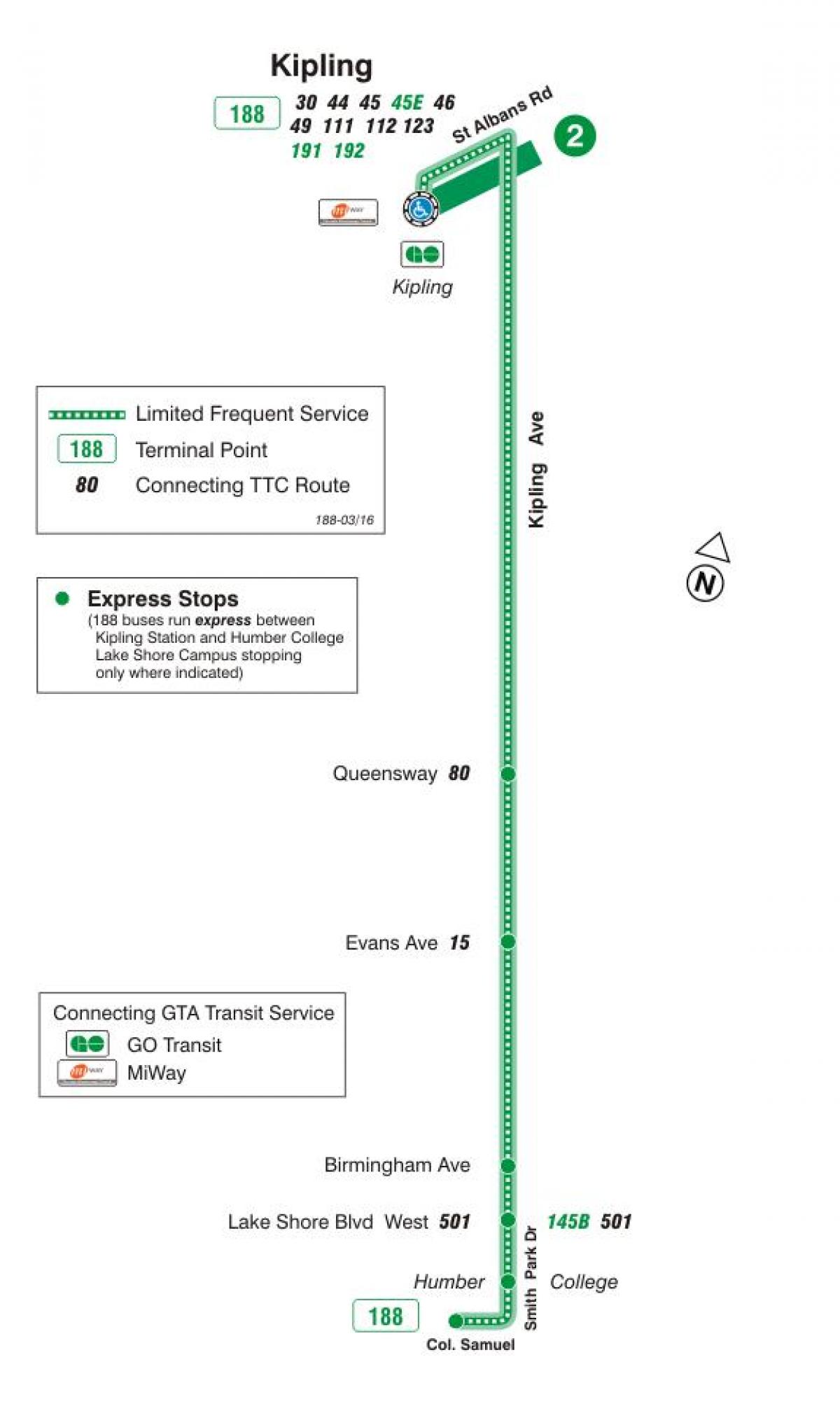 Mappa di TTC 188 Kipling Sud Razzo autobus Toronto