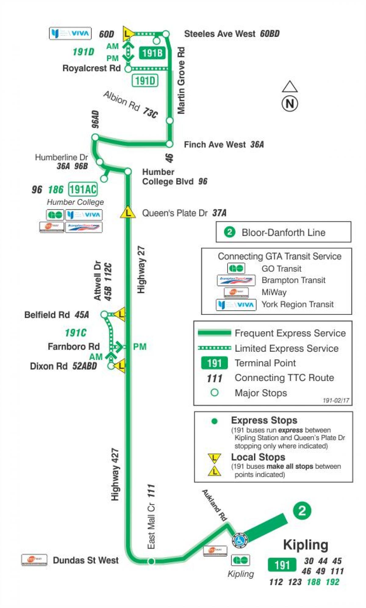 Mappa di TTC 191 Highway 27 Razzo autobus Toronto