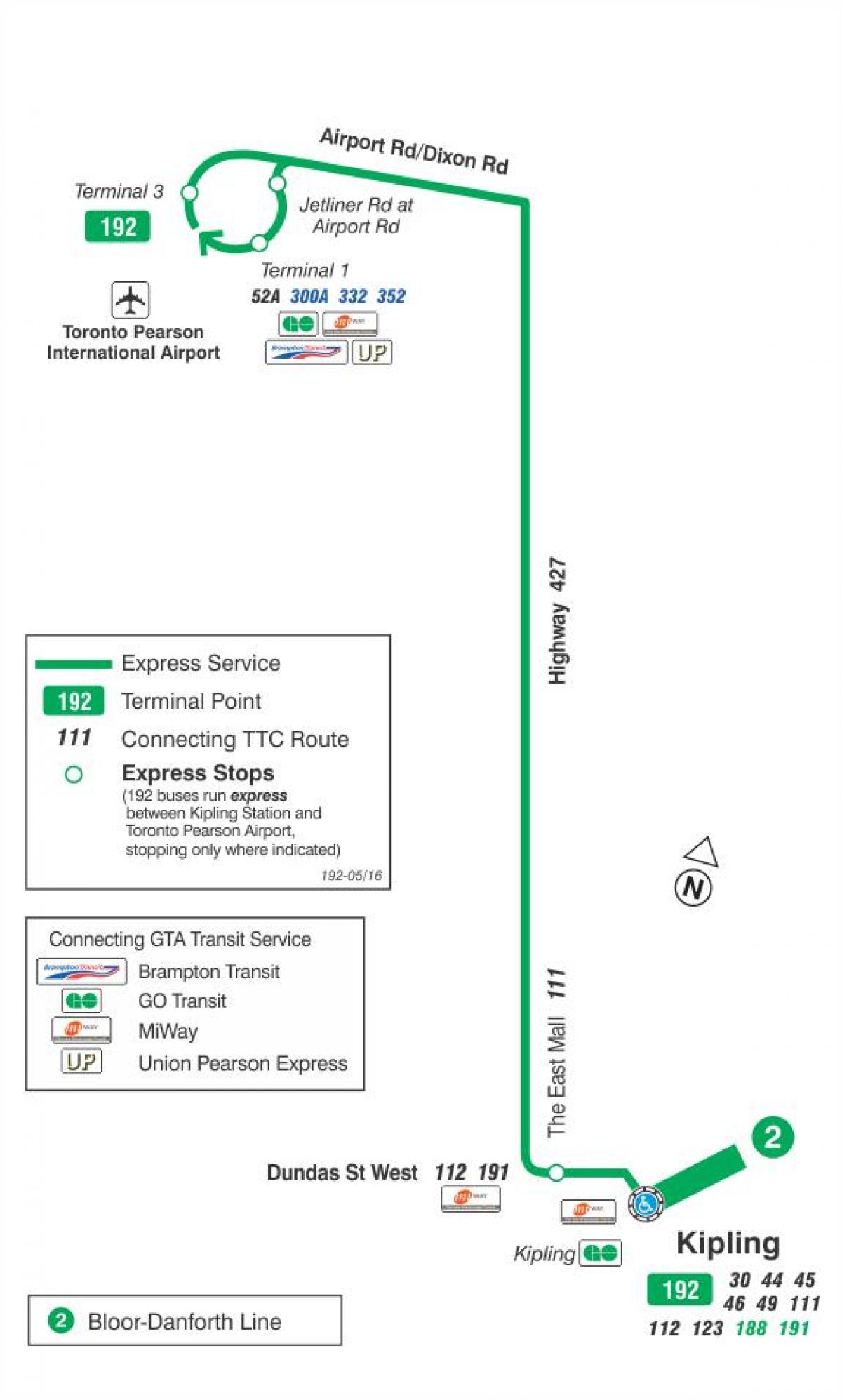 Mappa di TTC 192 Aeroporto Razzo autobus Toronto
