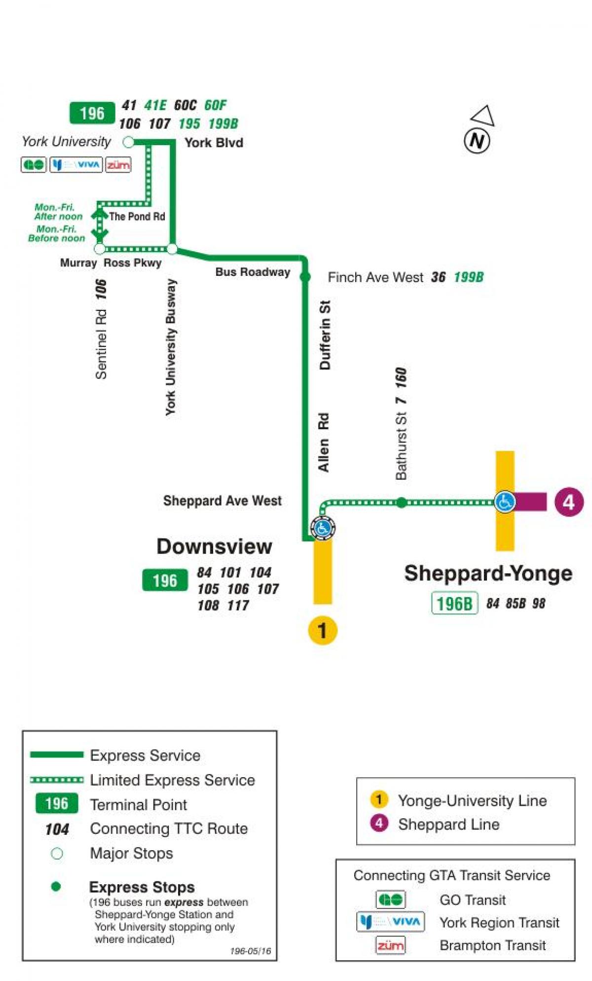 Mappa di TTC 196 York University Razzo autobus Toronto