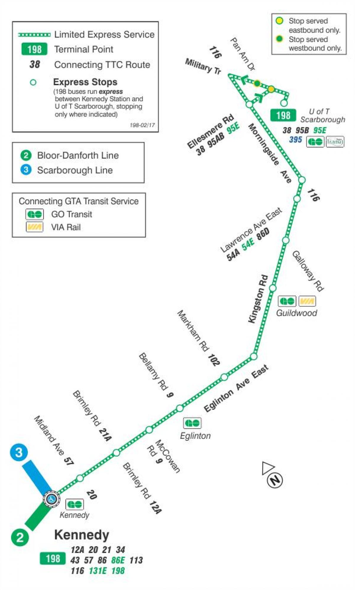 Mappa di TTC 198 U di T Scarborough Razzo autobus Toronto