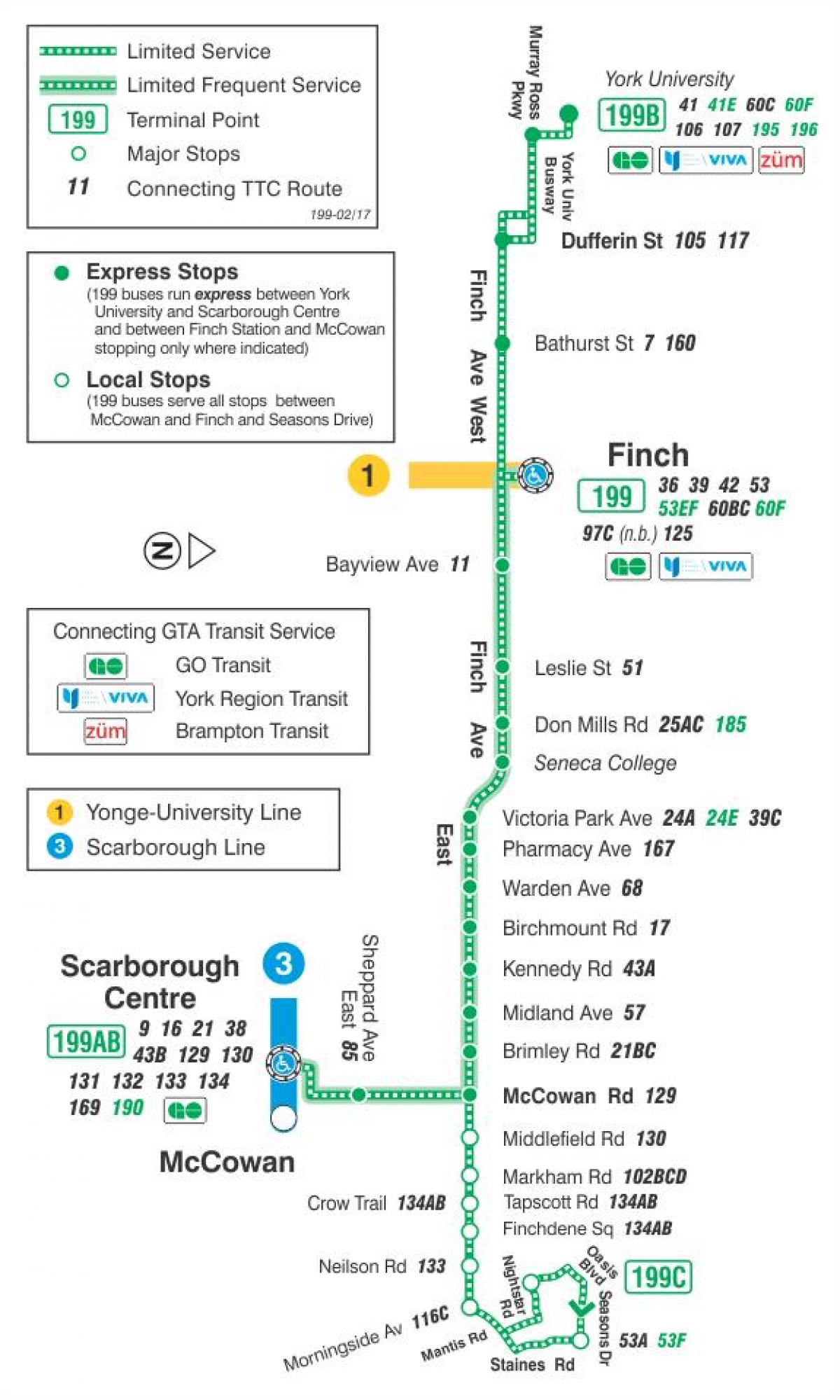 Mappa di TTC 199 Finch Razzo autobus Toronto