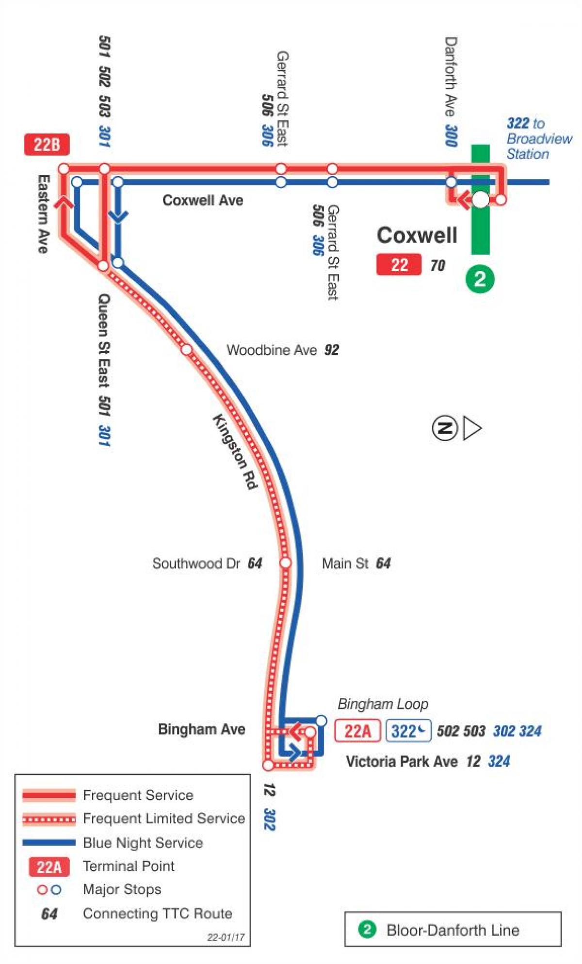 Mappa di TTC 22 Coxwell autobus Toronto