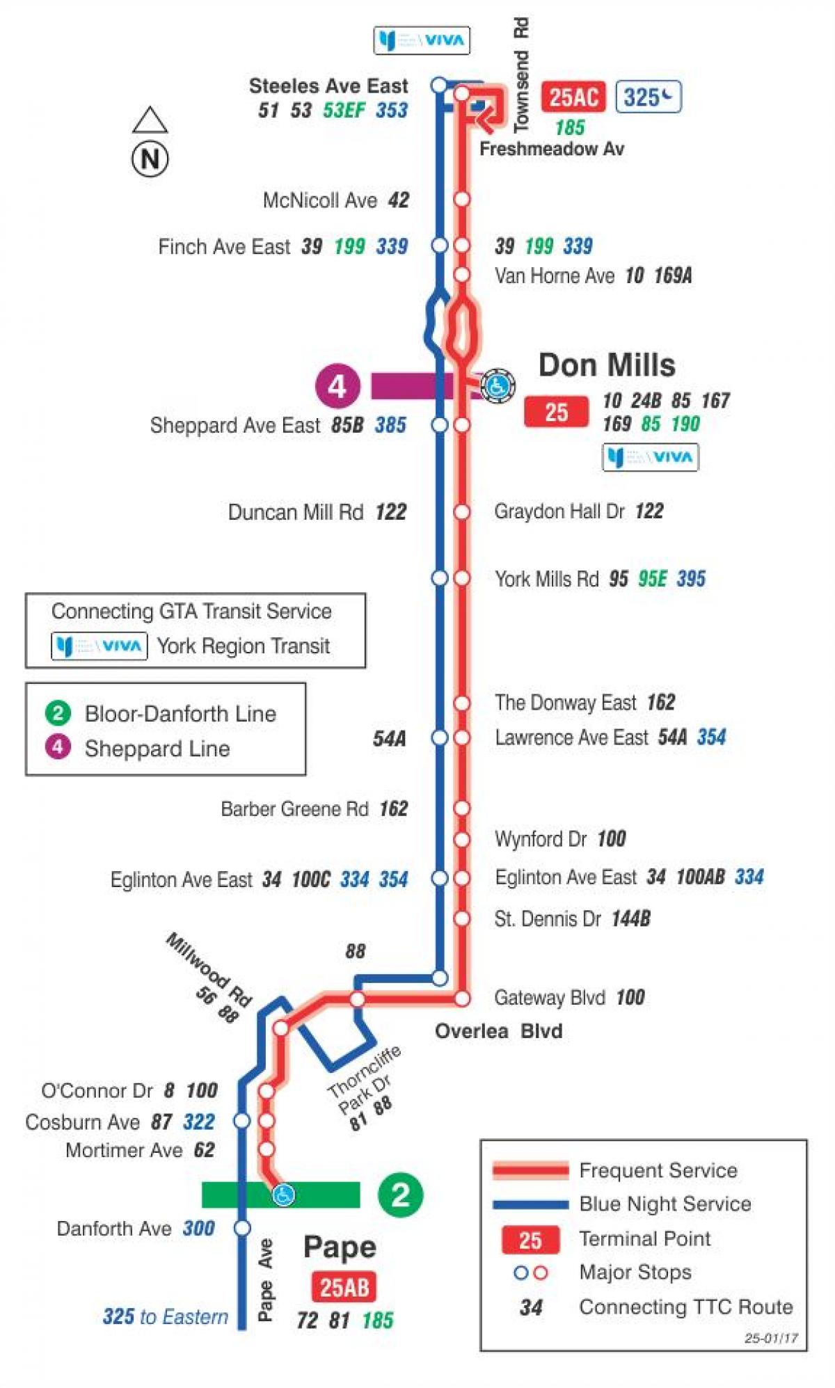 Mappa di TTC 25 Don Mills autobus Toronto