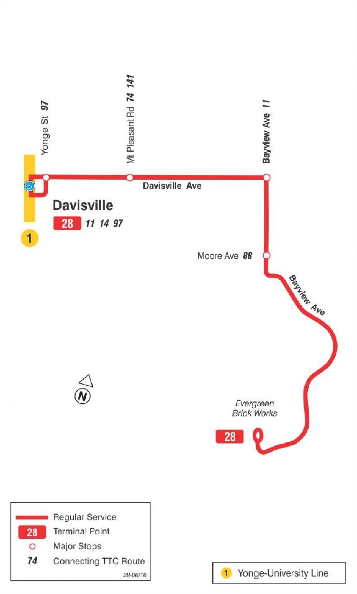 Mappa di TTC 28 Bayview Sud bus a Toronto