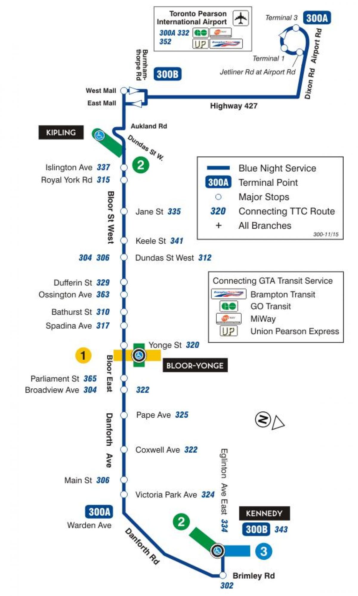 Mappa di TTC 300A Bloor-Danforth autobus Toronto
