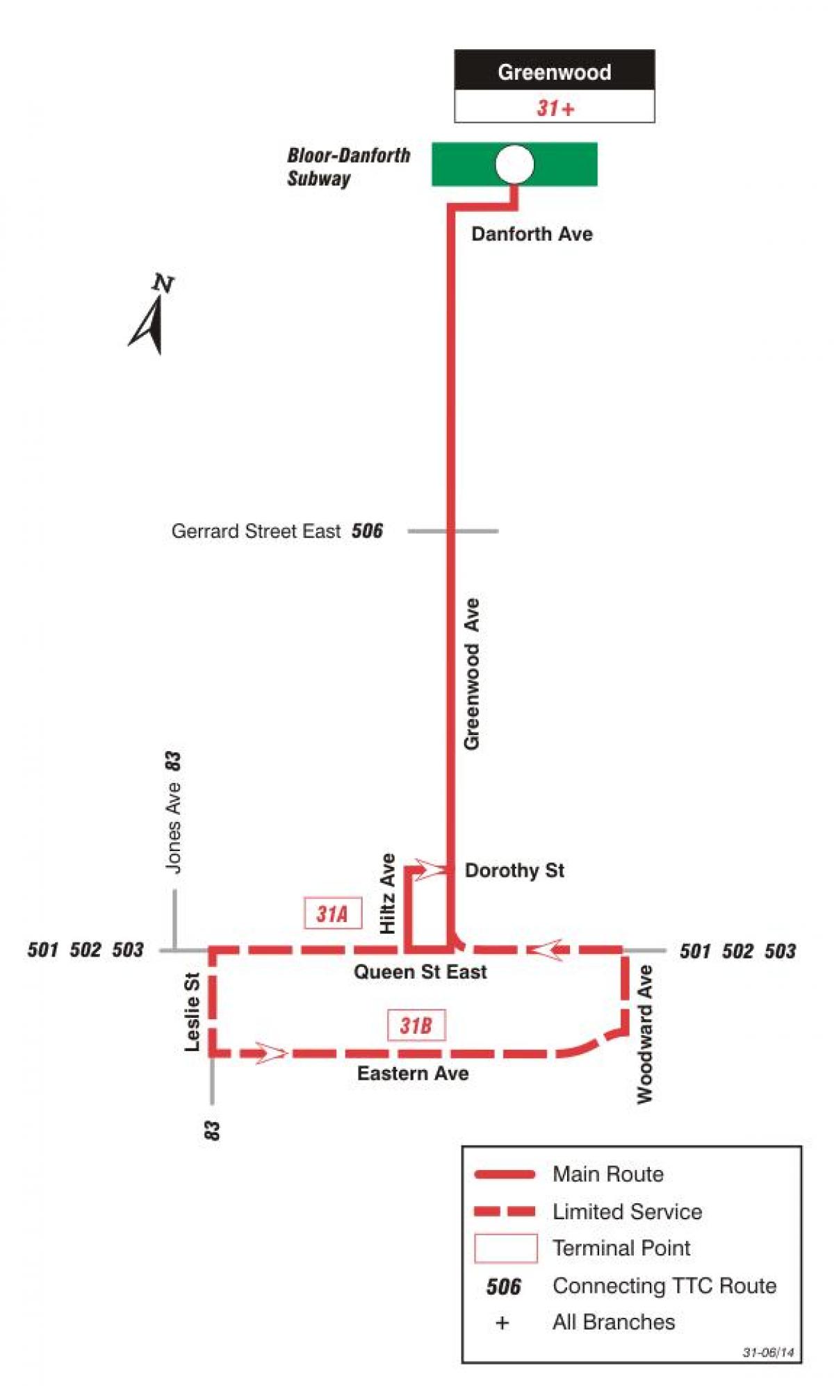Mappa di TTC 31 Greenwood autobus Toronto