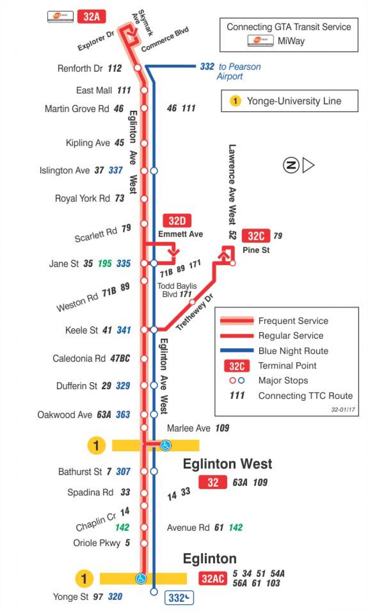 Mappa di TTC 32 Eglinton West bus rotta Toronto