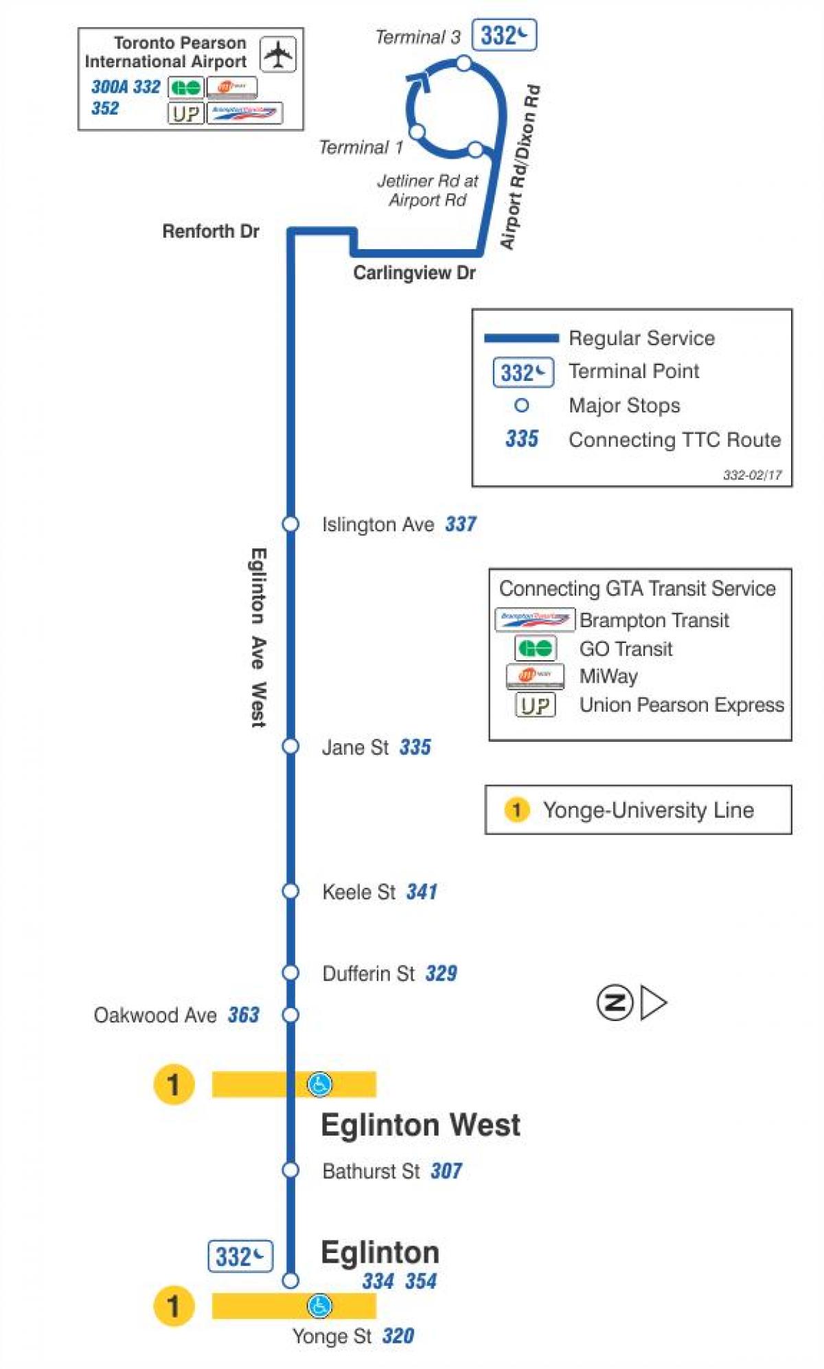 Mappa di TTC 332 Eglinton West bus rotta Toronto