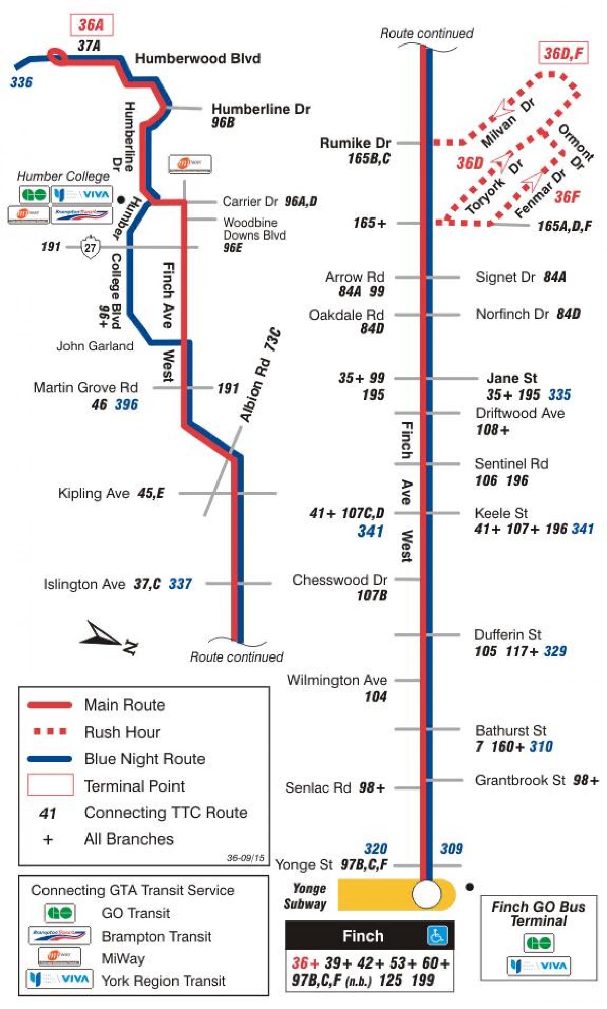 Mappa di TTC 36 Finch linea di autobus Ovest di Toronto