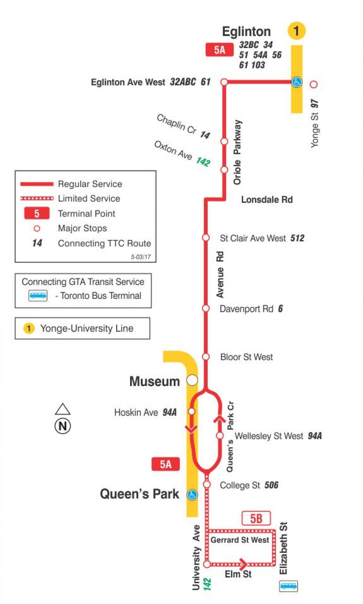 Mappa di TTC 5 Avenue Rd, bus a Toronto