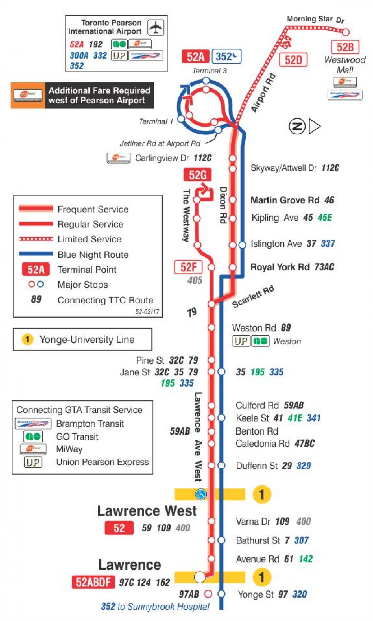 Mappa di TTC 52 Lawrence linea di autobus Ovest di Toronto