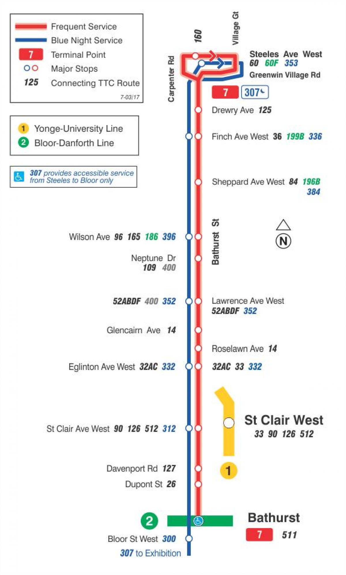 Mappa di TTC 7 Bathurst autobus Toronto