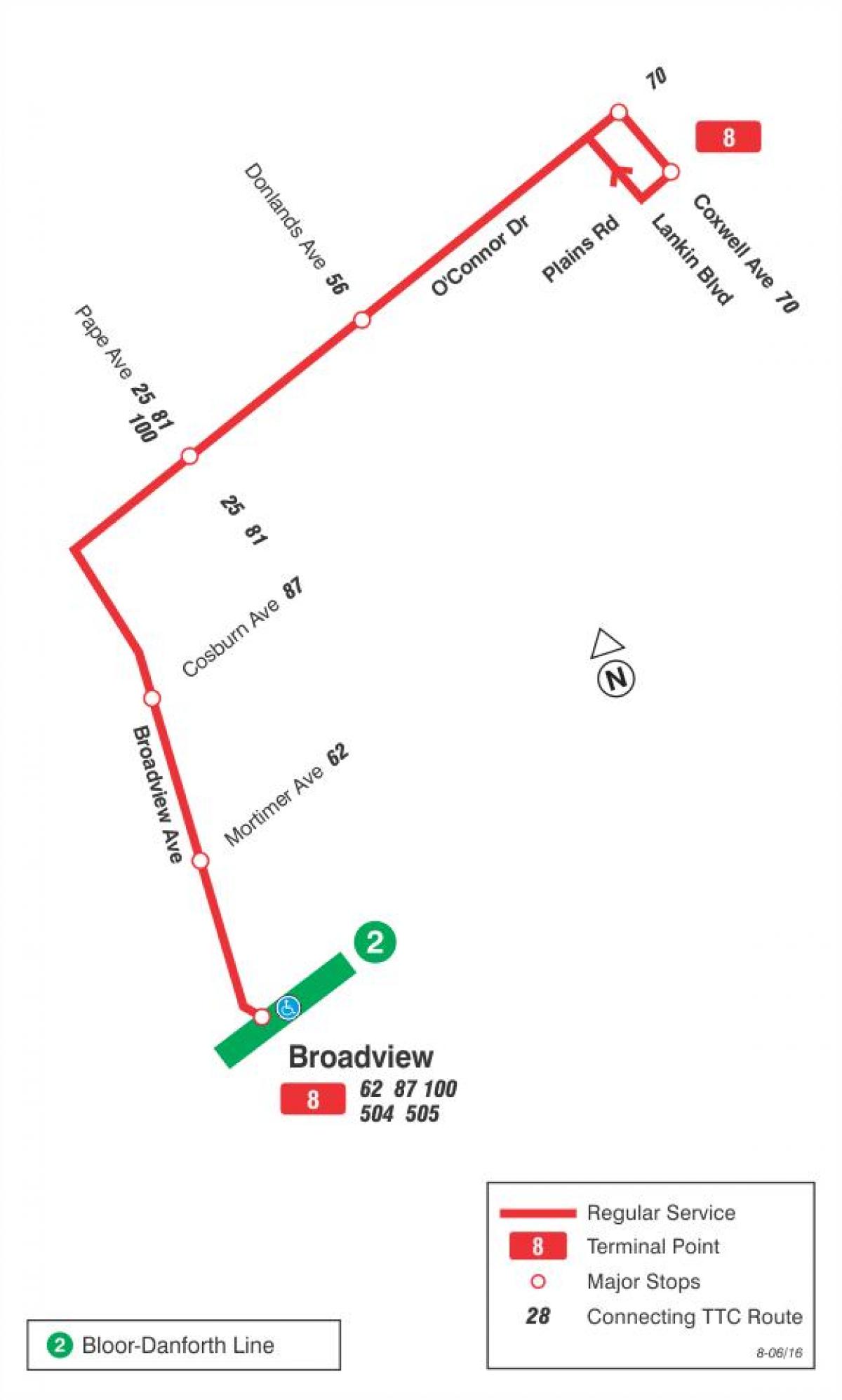 Mappa di TTC 8 Broadview autobus Toronto