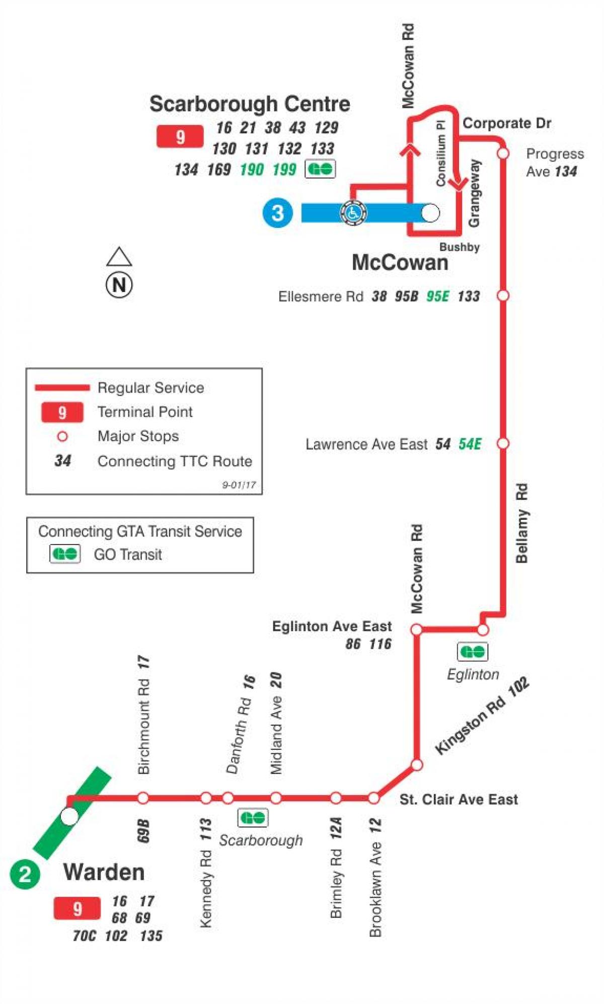 Mappa di TTC 9 Bellamy autobus Toronto