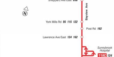 Mappa di TTC 11 Bayview autobus Toronto