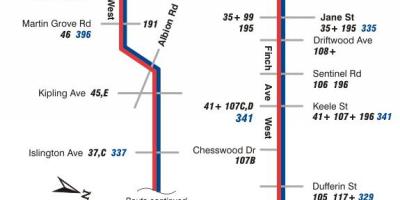 Mappa di TTC 36 Finch linea di autobus Ovest di Toronto