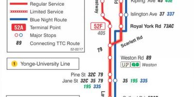 Mappa di TTC 52 Lawrence linea di autobus Ovest di Toronto