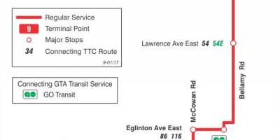 Mappa di TTC 9 Bellamy autobus Toronto